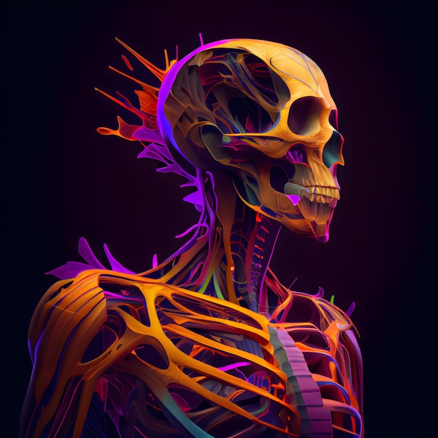 Anatomie van het menselijk skelet met spieren, botten en bloedsomloop op donkere achtergrond