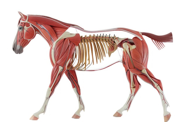 Foto anatomie van het paard met lichaam en hoofd, gezicht met spierstelsel zichtbaar geïsoleerd op witte achtergrond