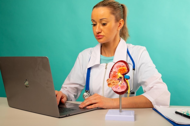 Anatomisch model menselijke nier op het werkbureau van arts