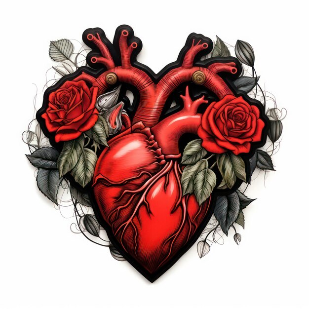 Foto anatomisch rood hart met zwarte rozen clipart witte achtergrond