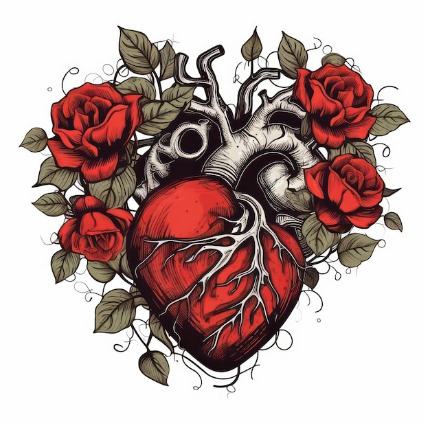 Foto anatomisch rood hart met zwarte rozen clipart witte achtergrond
