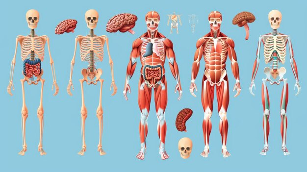 Foto anatomia del corpo, compresi i muscoli scheletrici, il sistema circolatorio, il sistema nervoso e il sistema digestivo.