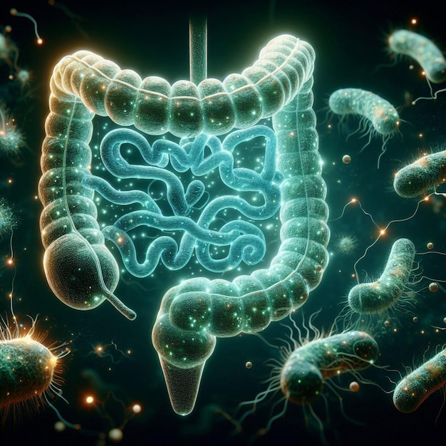 Photo anatomy gastro intestine model bacteria floating