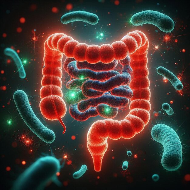 Photo anatomy gastro intestine model bacteria floating