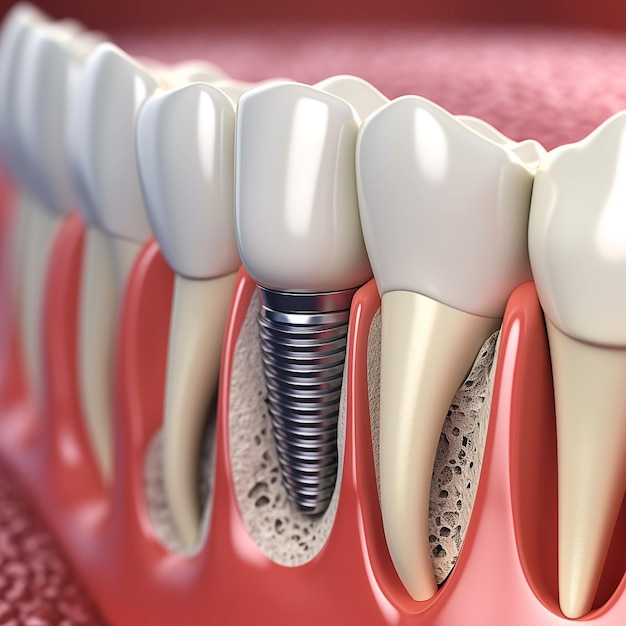 Photo anatomy of healthy teeth and tooth dental implant in human dentura 3d illustration