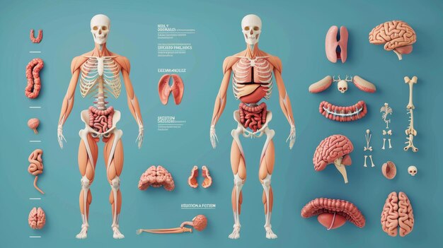 Photo anatomy of the human body showing its nerves cardiovascular system skeleton muscular system respiratory system digestive system and urinary system flat modern illustration isolated on white