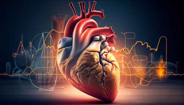 Anatomy of human heart on ecg medical background Generative AI