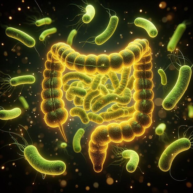 Photo anatomy intestine model bacteria floating