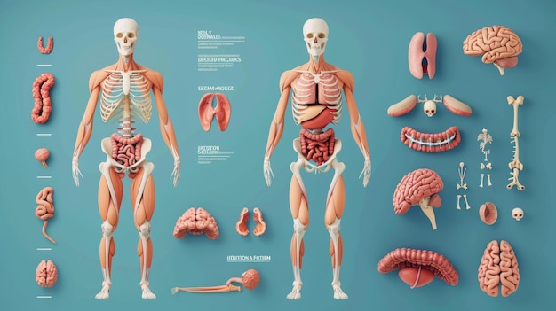 사진 인체의 해부학: 신경, 심혈관계, 골격, 근육계, 호흡기, 소화기, 소변기, 평평한 현대적인 일러스트레이션