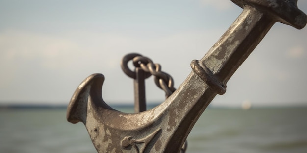 An anchor on the beach with the sea in the background