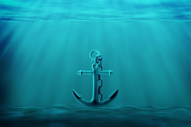 an anchor in the deep sea, blue ocean, it can use for world maritime day, navy tourism, sea new year