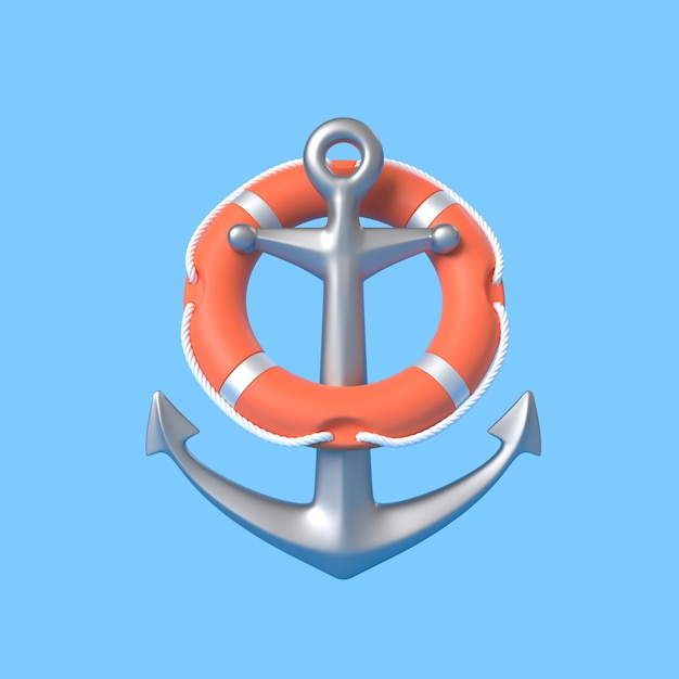 Anchor and lifebuoy on a blue background 3D render illustration