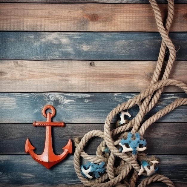 Anchor on a rope and rope on a wooden background