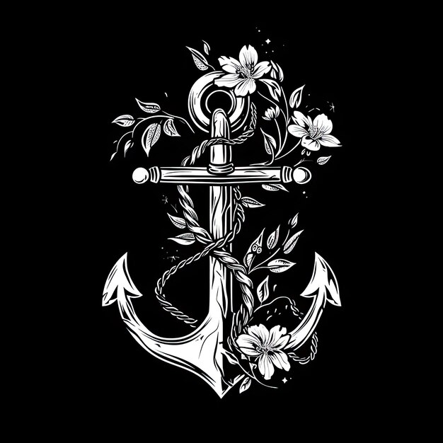 Photo an anchor with flowers on a black background