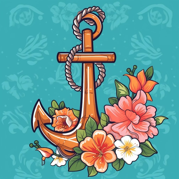 An anchor with flowers and a rope on a blue background generative ai