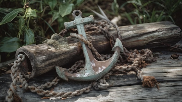 An anchor on a wooden plank with a chain that says'anchor '