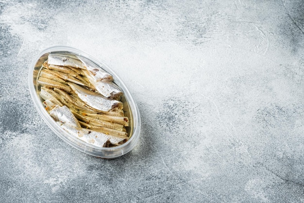 Pesce in scatola di acciughe in un barattolo di latta set di frutti di mare, in contenitore di plastica, su sfondo grigio, vista dall'alto piatta, con copyspace e spazio per il testo