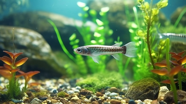 Anchovy Aquarium With Plants And Stones