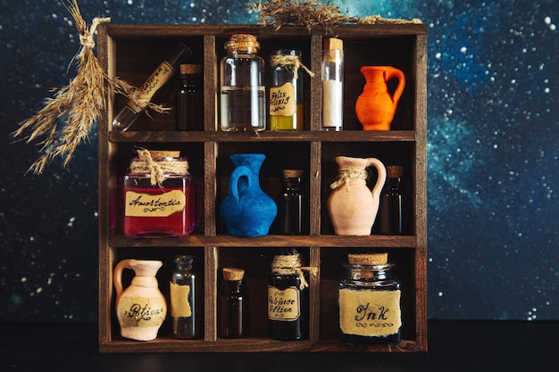 Ancient alchemical laboratory with various flasks