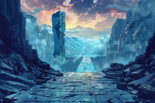 Ancient alien ruins in a beautiful icy landscape with a large obelisk