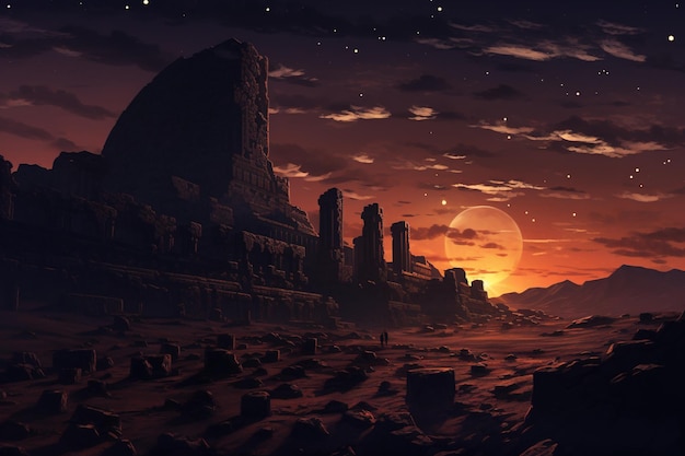 Древние инопланетные руины вырисовываются на фоне сумеречного неба