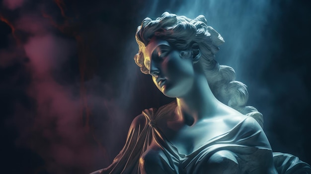 Ancient antique statue of female person in mystical neon glow haze gloomy dark background
