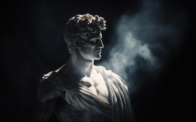 Foto antica statua di persona maschile in nebbia mistica su uno sfondo scuro e cupo bella statua