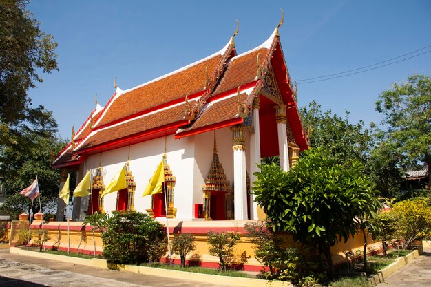 Ancient antique ubosot church building of Wat Song Kusol temple for thai people and foreign travelers travel visit and respect praying Buddha god deity angel in Phra Nakhon Si Ayutthaya city Thailand