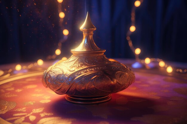 Photo ancient arabic lamp oil lamp in oriental style with floral texture generative ai