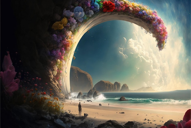 Ancient arch and pillars lush flowers portal to another world magical ancient runes alien planet stone arcs Generative AI