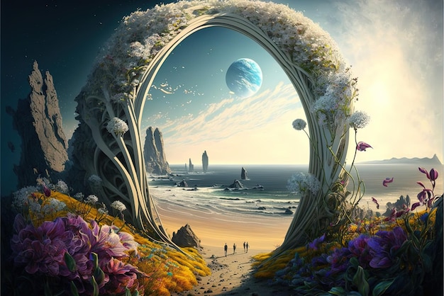 Ancient arch and pillars lush flowers portal to another world magical ancient runes alien planet stone arcs Generative AI