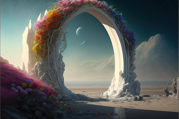 Ancient arch and pillars lush flowers portal to another world magical ancient runes alien planet stone arcs Generative AI