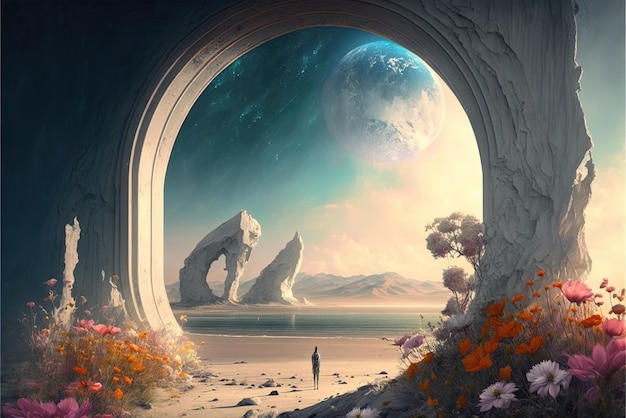 Ancient arch and pillars lush flowers portal to another world magical ancient runes alien planet stone arcs Generative AI