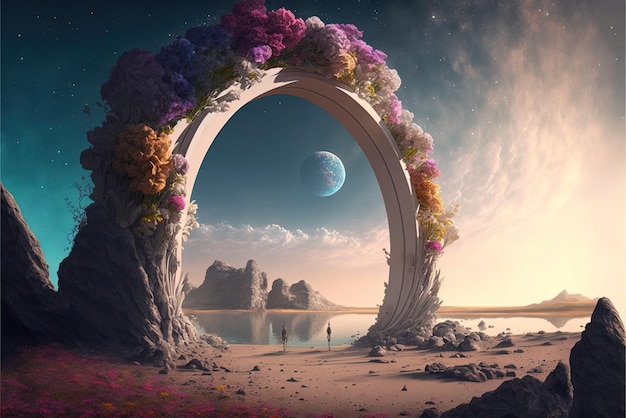 Foto antico arco e pilastri portale di fiori lussureggianti verso un altro mondo magiche antiche rune pianeta alieno archi di pietra ai generativa