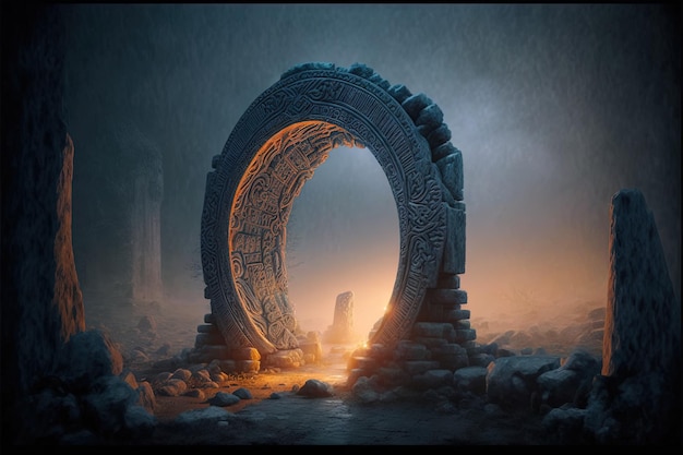 Photo ancient arch and pillars portal to another world magical ancient runes digital illustration ai