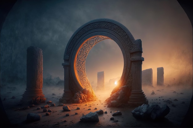 Ancient arch and pillars portal to another world magical ancient runes Digital illustration AI