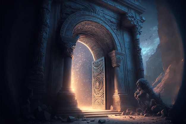 Ancient arch and pillars portal to another world magical ancient runes Digital illustration AI