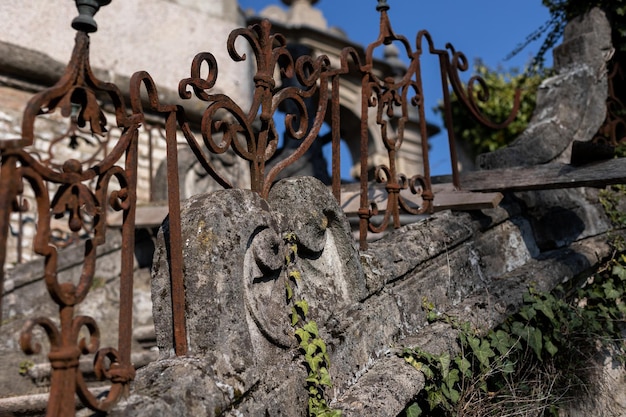 An ancient architecture of a stone structure of a european city in italy overgrown with leaves