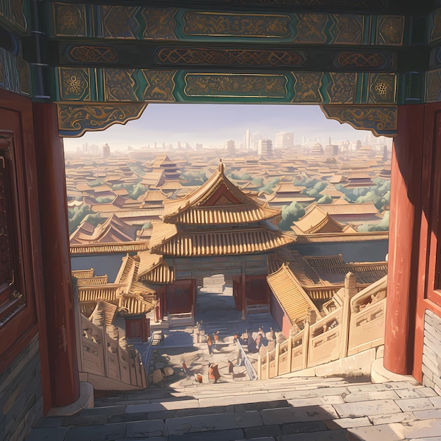 Ancient Asian Cityscape from Traditional Building Window