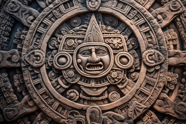 Ancient Aztec Mayan Calendar Intricate Round Pattern on Stone Surface AI