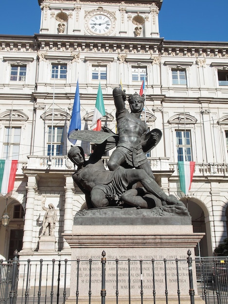 Ancient baroque monument of Il Conte Verde (The Green Earl), Amedeo VI king of Savoia, in front of town hall in Turin, Italy