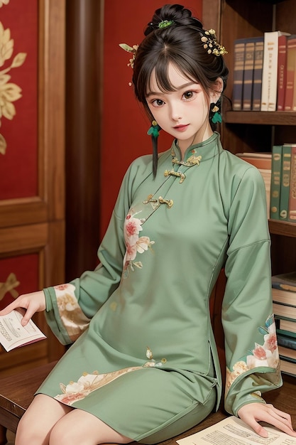 Ancient beautiful woman in green Chinese Hanfu cheongsam reading a book in the study