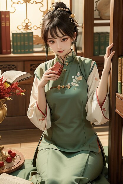 Ancient beautiful woman in green Chinese Hanfu cheongsam reading a book in the study