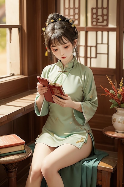 緑色の中国語のハンフー・チョンサムを着た古代の美しい女性が研究室で本を読んでいる