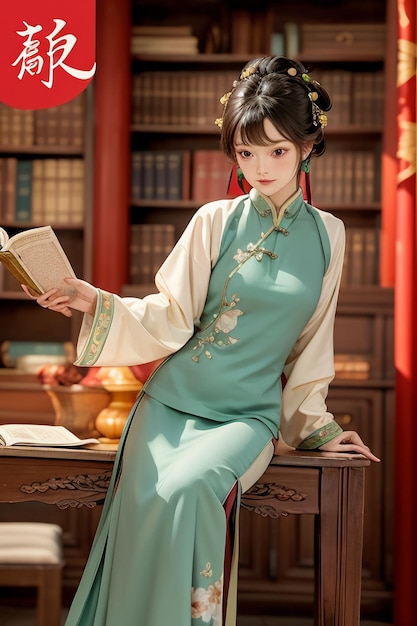 Ancient beautiful woman in green Chinese Hanfu cheongsam reading a book in the study