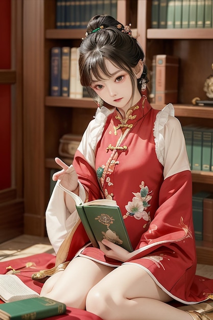 Ancient beautiful woman in green Chinese Hanfu cheongsam reading a book in the study