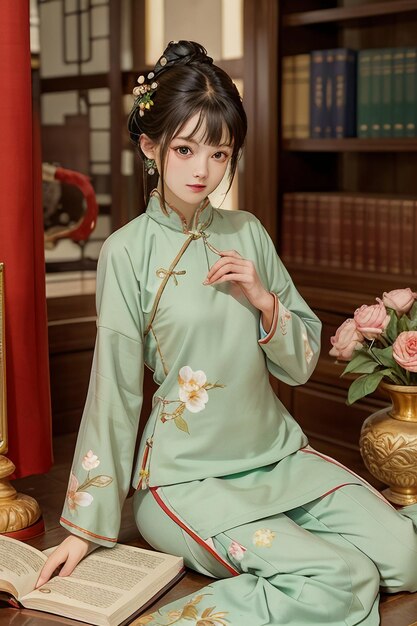 Ancient beautiful woman in green Chinese Hanfu cheongsam reading a book in the study