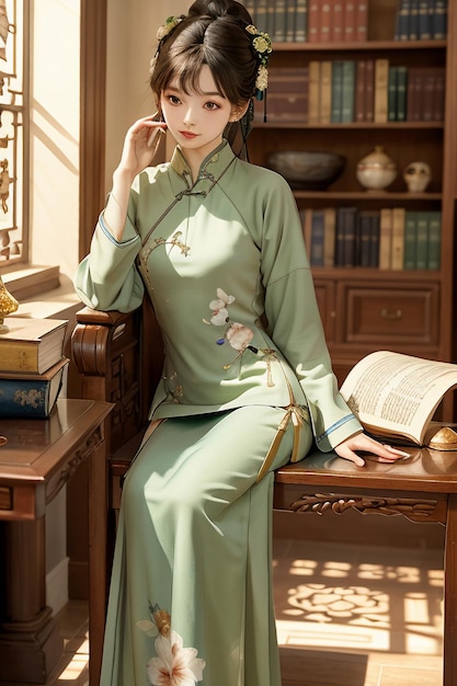 Ancient beautiful woman in green Chinese Hanfu cheongsam reading a book in the study