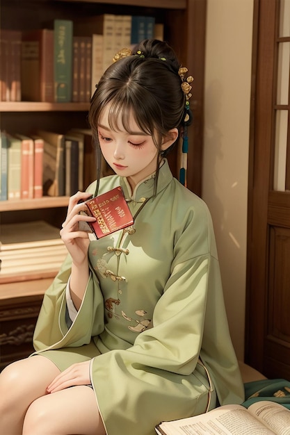 Ancient beautiful woman in green Chinese Hanfu cheongsam reading a book in the study