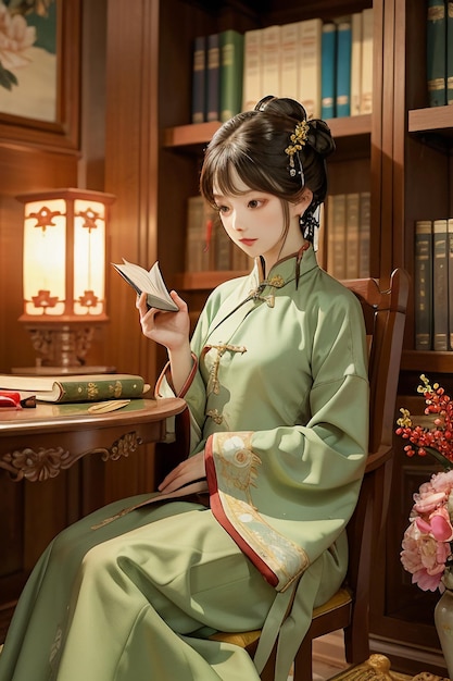 Ancient beautiful woman in green Chinese Hanfu cheongsam reading a book in the study